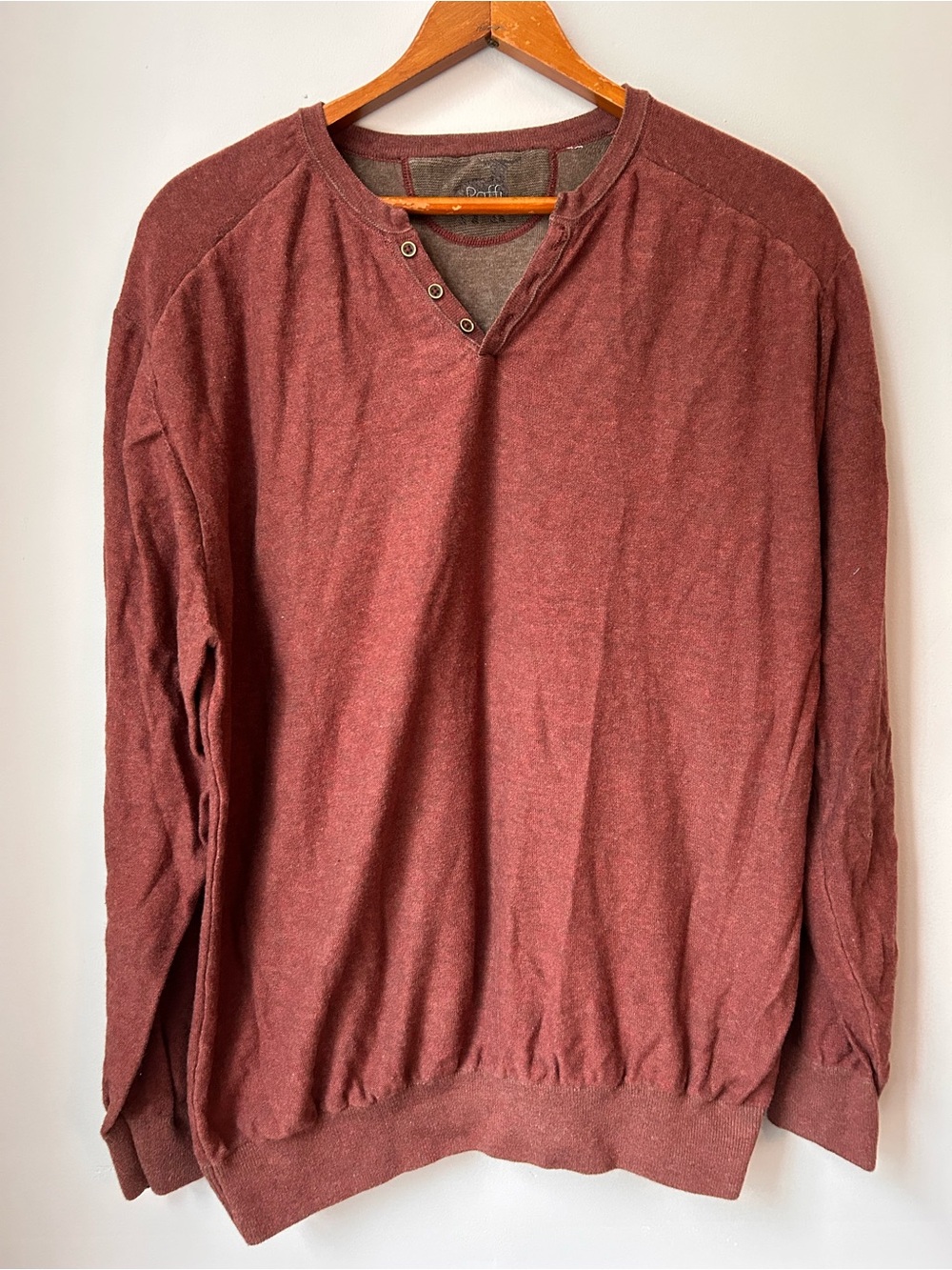 Raffi Henley Shirt Long Sleeve Mens LG Maroon Cotton Casual Premium Pullover